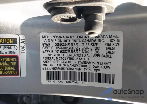 2016 Honda Cr-V Lx z USA, uszkodzony, nr VIN 2HKRM4H39GH637659